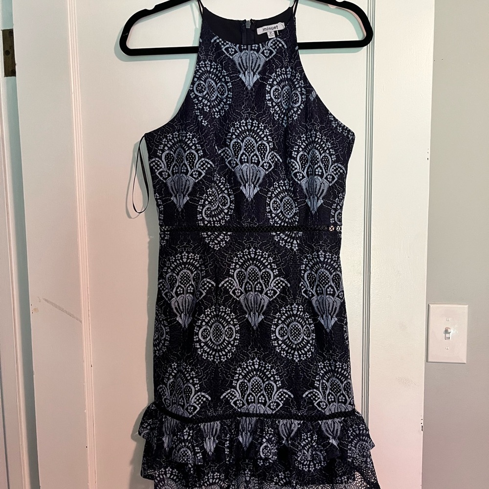 Minuet Navy Lace Ruffle Mini Dress | m - Picture 3 of 3
